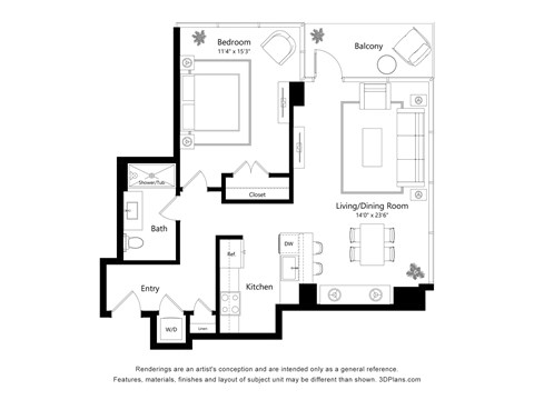 Floor plan for 1 bed, 1 bath, 881 sqft
